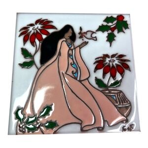 Earthtones Southwestern Art Tile Signed Woman Holly Flowers Tucson 1990 Trivet